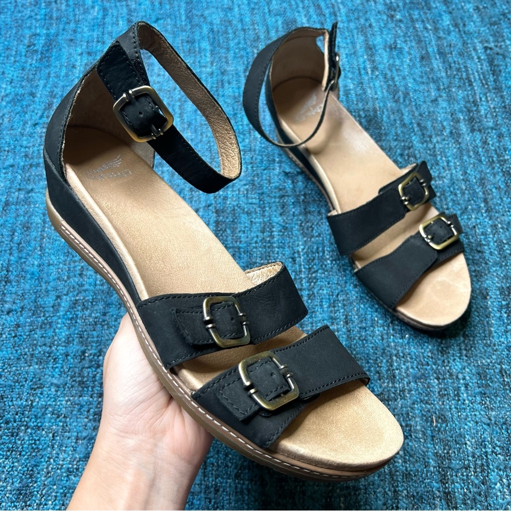 Dansko Astrid Ankle Strap Sandals in Black Nubuck Leather Size 41 or 10.5-11